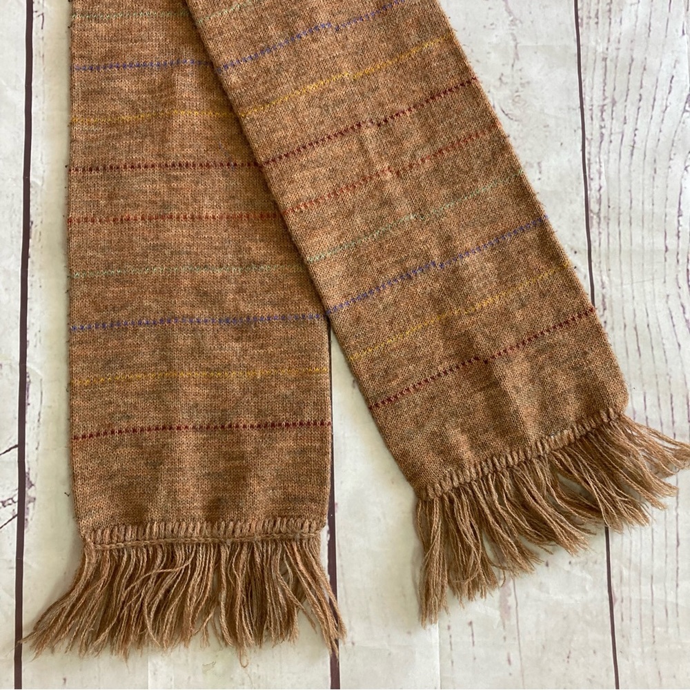 Vintage USA Union Made Scarf Wool? Blend Fringe Brown Striped 8X60” Winter - Picture 1 of 6